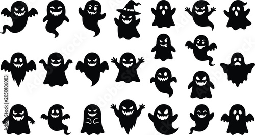 Photography Set of black spooky ghost silhouettes with funny expressions isolated on white b