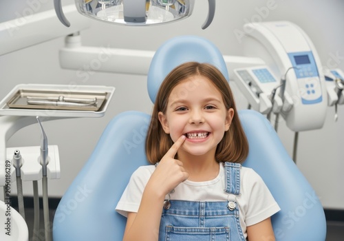 Girl showing clean teeth at dentist