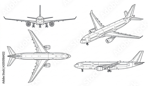 Bild auf Leinwand Commercial Airplane Blueprint Vector Set with Top Side Front and Isometric Views