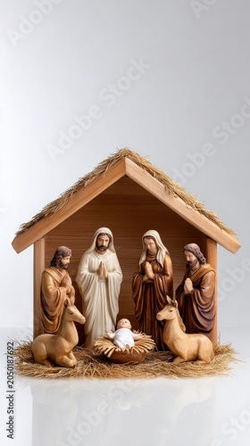 Hyperrealistic wooden nativity set arranged symmetrically, featuring detailed figures of Mary, Joseph, and baby Jesus in a rustic stable environment