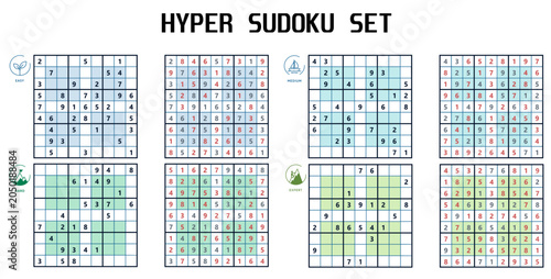 Foto Set of hyper sudoku puzzles for different difficulty levels on a grid background