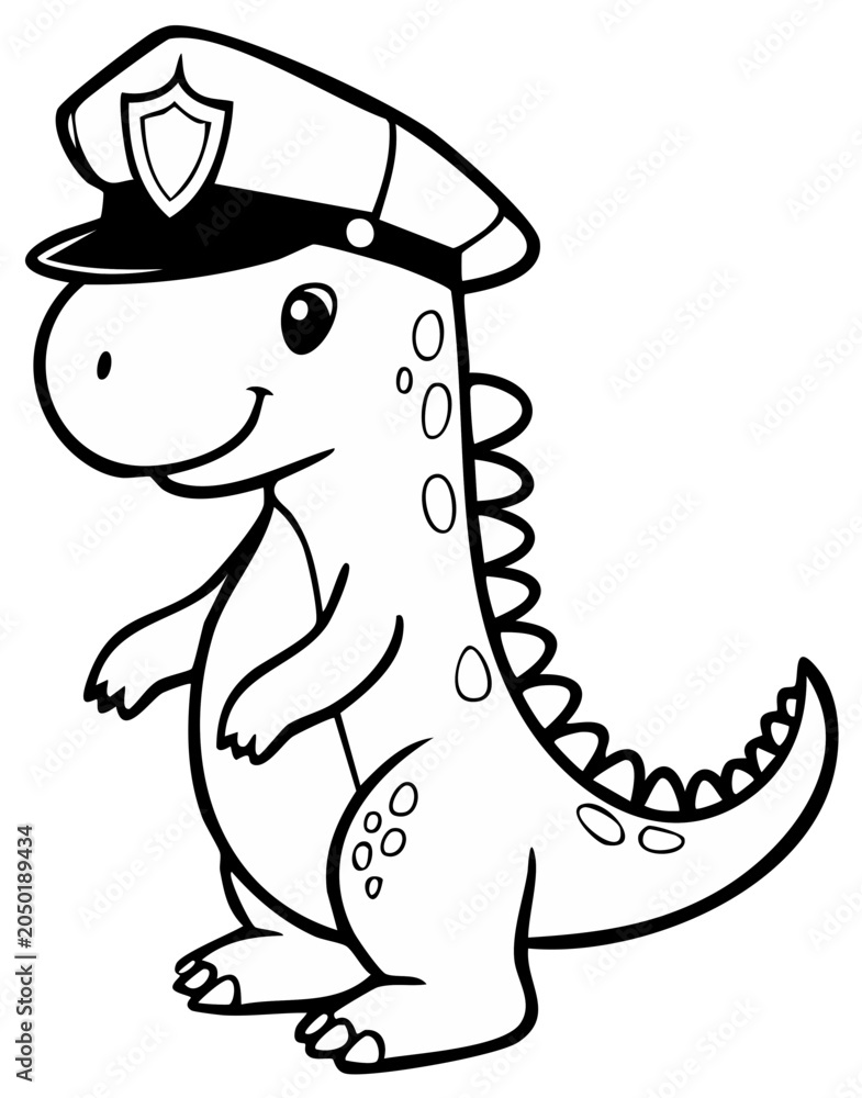 Naklejka premium Cartoon dinosaur wearing police hat, smiling, vector illustration.