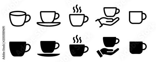 Tableau sur toile Coffee cup icon set outline solid mug saucer hot steam hand serve for cafe app