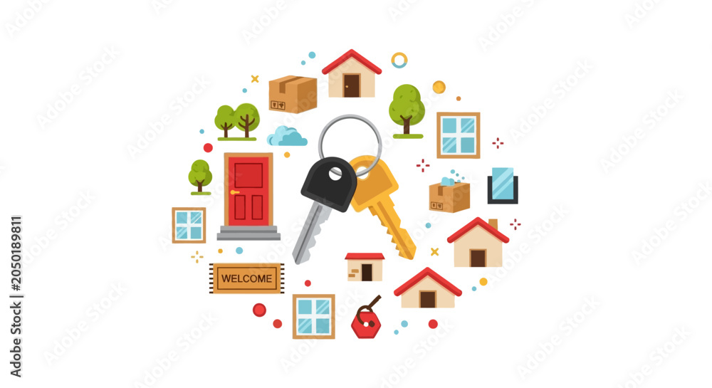 Naklejka premium Real Estate and Home Moving Concept with House Keys and Property Icons. Flat Vector Illustration of Housing, Residential Rental, and Ownership Symbols on White Background.