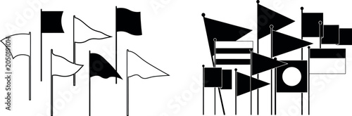 Silhouette of various flags on poles black and white illustration