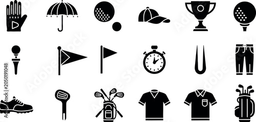 Golf silhouette icons set including umbrella trophy and golf clubs