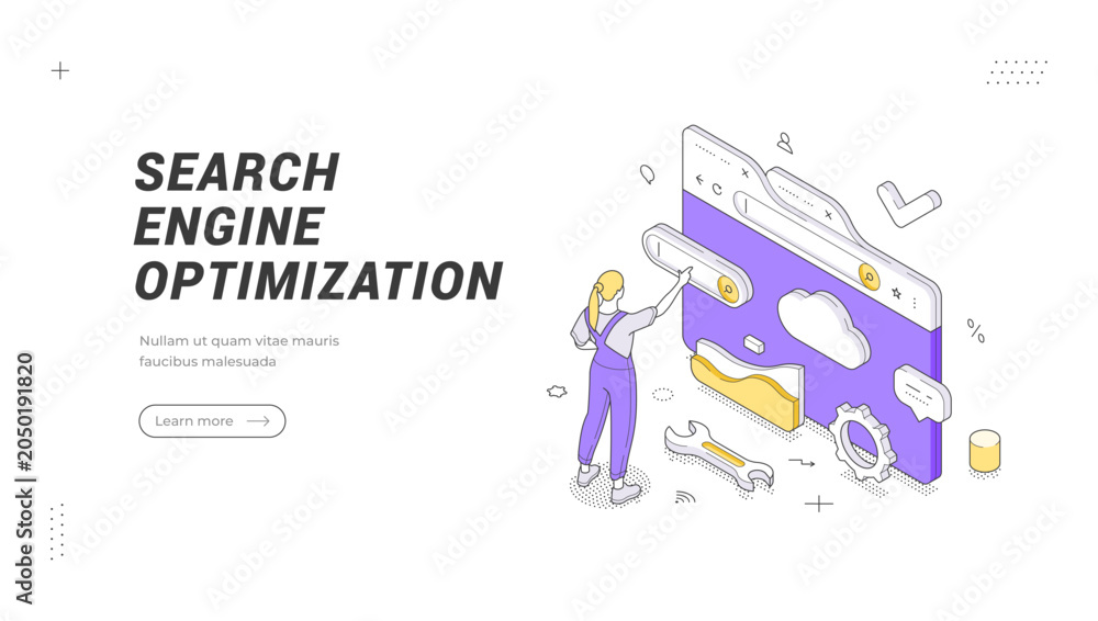 Fototapeta premium Search Engine Optimization isometric banner template. Vector illustration of digital marketing strategy, web analytics, and keyword research for a landing page or website promotion