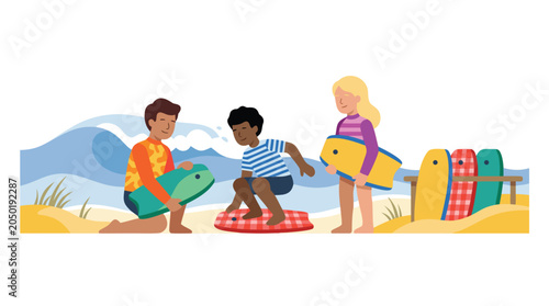 Foto Children Enjoying Summer Beach Activities with Surfboards and Waves