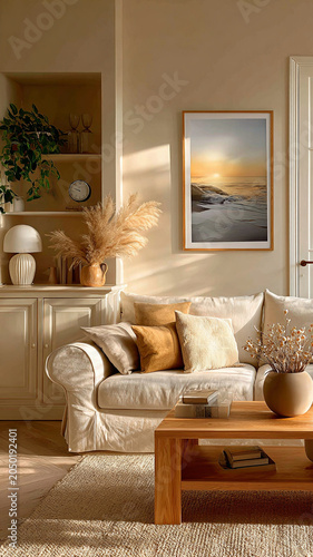 Cozy living room features beige walls, comfortable sofa adorned with cushions, wooden coffee table, and decorative elements like plants and artwork. warm sunlight creates welcoming ambiance