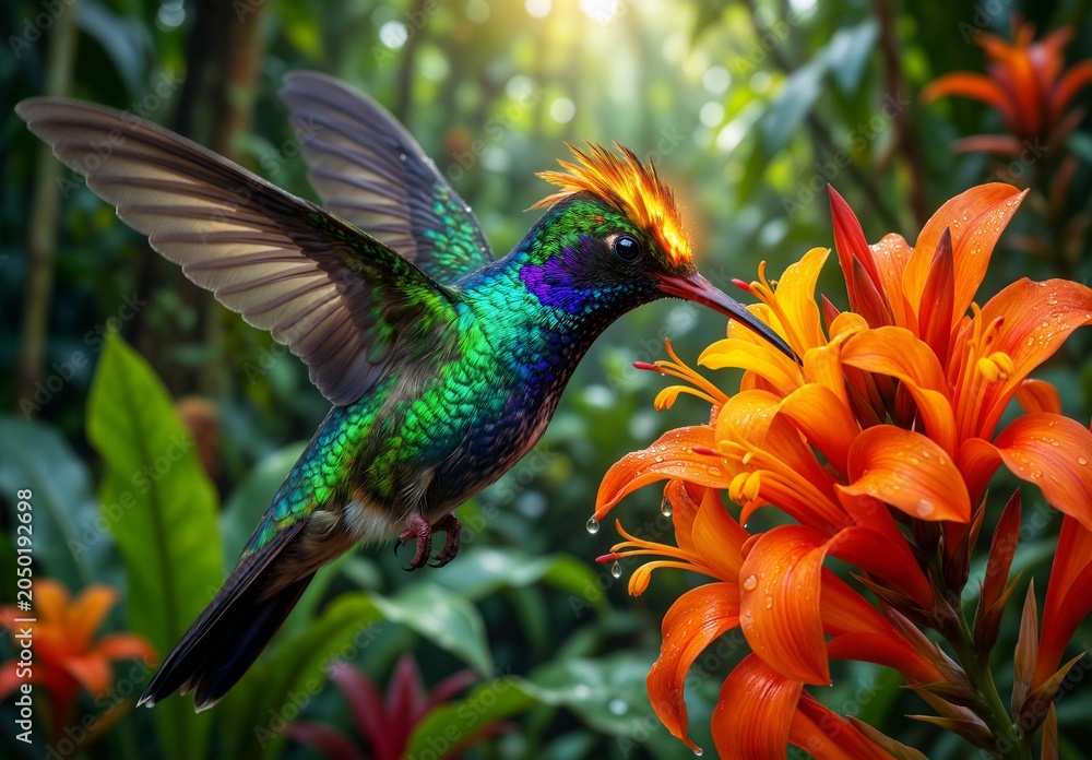 Naklejka premium Vibrant hummingbird with iridescent feathers hovers near a bright orange flower in a lush tropical jungle setting.