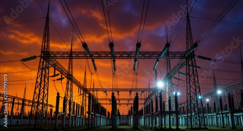 Power substation at sunset with dramatic orange and purple sky, silhouetted transmission towers and high-voltage lines.