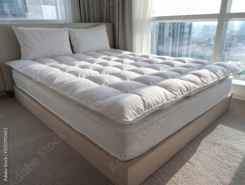 Thick white cotton topper mattress with raised side sits on modern bed in bright room. soft texture and plush design create cozy for restful sleep