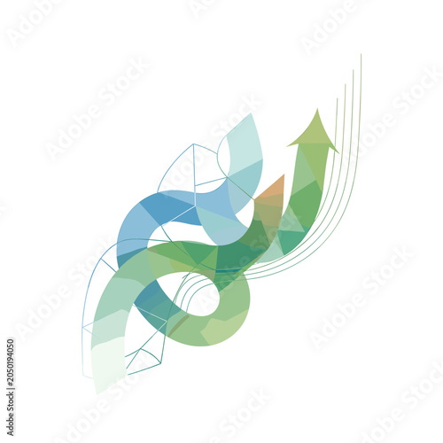 Abstract geometric arrow design with flowing lines and a gradient of green and blue colors, symbolizing growth and progress.