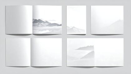 A collection of six white book covers with mountain scenes