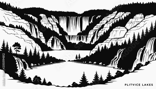 Photography Very beautiful black-and-white engraved vector illustration featuring Plitvice L