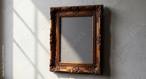 Ornate wooden picture frame on white wall with shadows