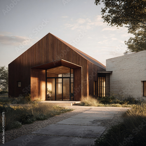 Modern barn style architecture features wooden facade and large glass windows, creating warm and entrance. surrounding landscape includes lush greenery and stone pathway, enhancing