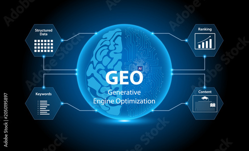 Generative engine optimization diagram. Optimizing websites and content to increase visibility, driving traffic, and converting leads.