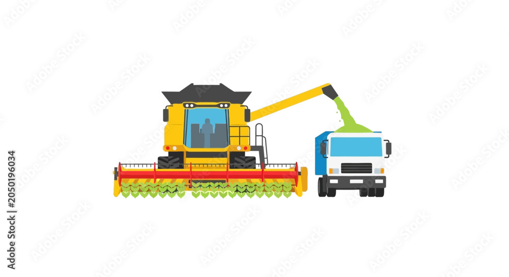 Obraz premium Combine harvester loading crops into a truck, agricultural machinery, farm equipment illustration