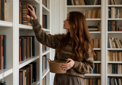 A young woman with long red hair selects a book from a tall white bookshelf while holding a woven basket, surrounded by shelves filled with books in a cozy, well-lit library.