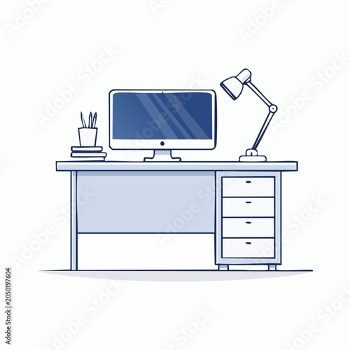 Desk with Computer, Lamp, and Supplies
