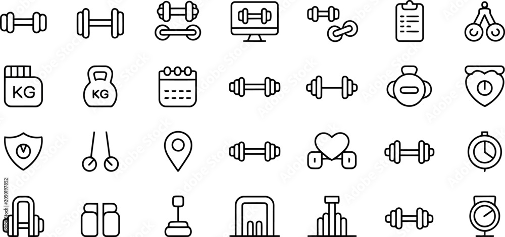 Fototapeta premium Assortment of thin line featuring gym equipment, transportation and health symbols on a white background