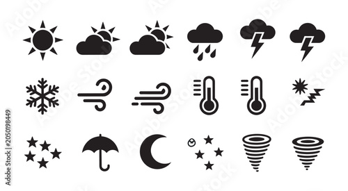 Weather forecast icons set with sun, clouds, rain, storm, snow, and wind symbols vector