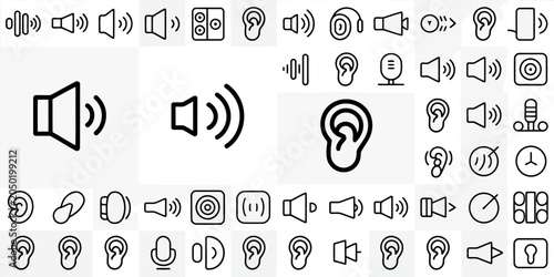 Collection of outline representing sound volume levels and human ears with microphones 