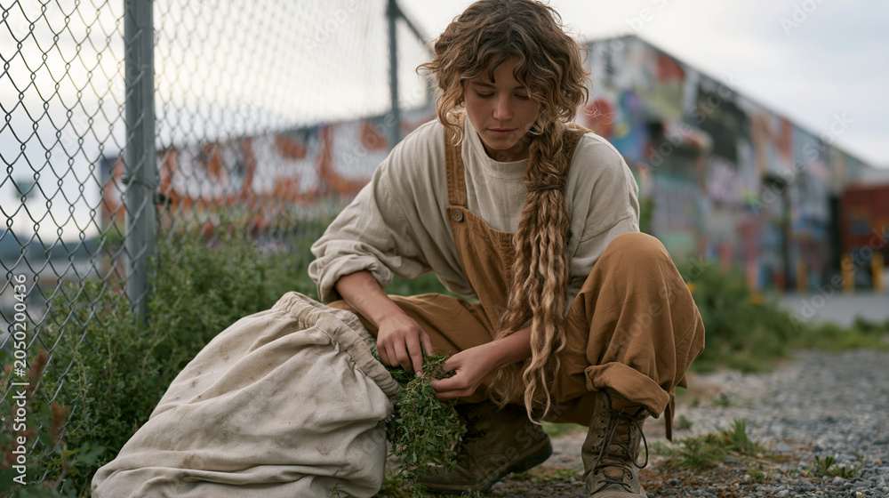 Fototapeta premium Urban forager in worn boots crouches beside a chain-link fence in an industrial neighborhood pinching lamb's quarter leaves into a canvas bag while graffiti-covered warehouse