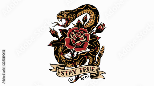 Traditional tattoo style illustration of a rattlesnake coiled around a red rose with a banner reading stay true