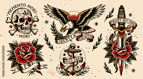 Set of traditional american tattoo flash designs including skull, eagle, rose, anchor, and dagger