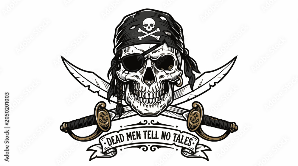 Fototapeta premium Pirate skull with bandana, eye patch and crossed swords