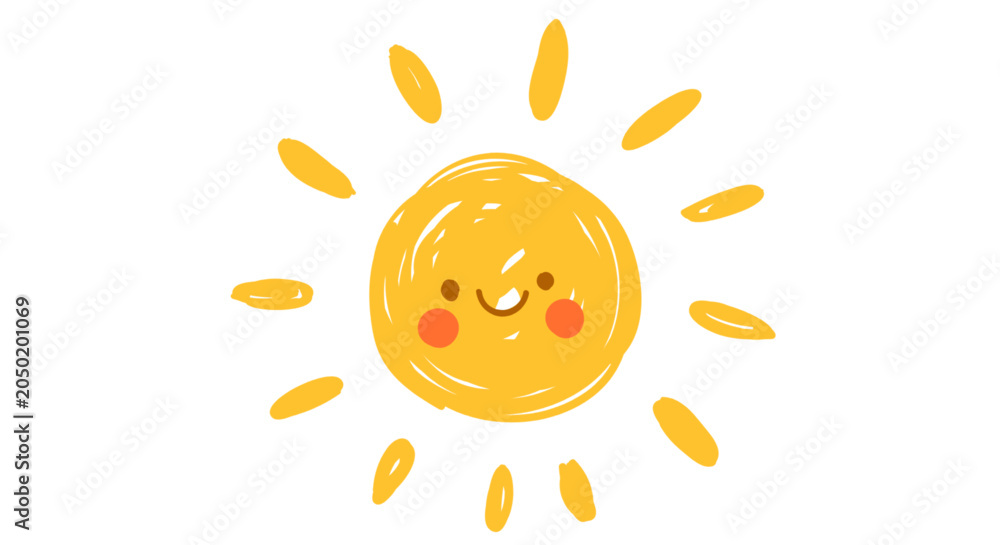 Fotografie Smiling sun with rays and rosy cheeks on white background