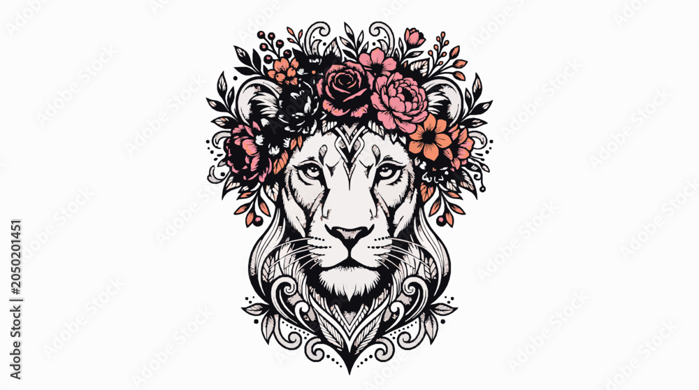 Obraz premium Lion head with floral crown and ornamental mandala style patterns