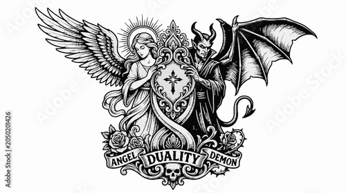Angel and demon duality illustration with ornamental shield and roses