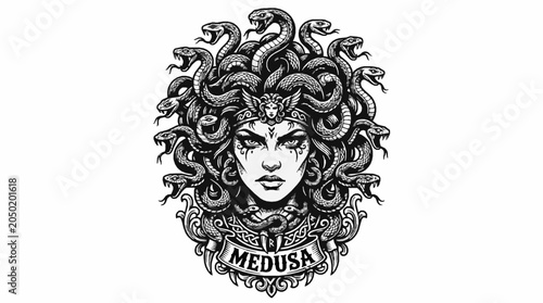 Medusa head illustration with snakes, intricate black and white vector design