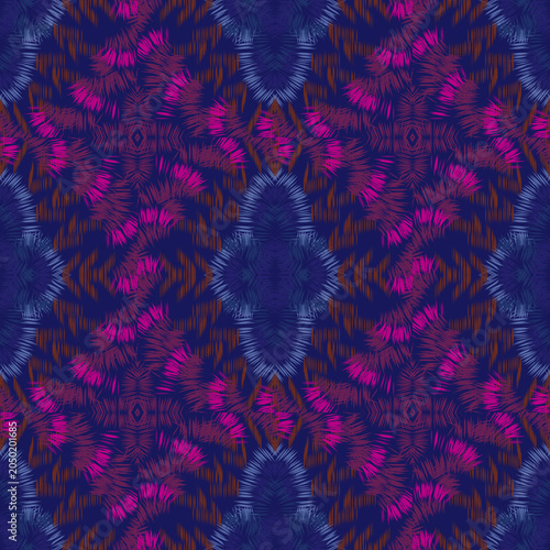 Modern Ikat Tribal Seamless Pattern with Dark Navy Blue Woven Fabric Texture and Geometric Feathered Stitch Ornaments for Boho Fashion Textile Design