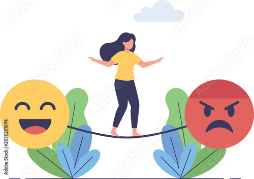 Foto Woman balancing on tightrope between happy and angry emoji faces flat vector ill