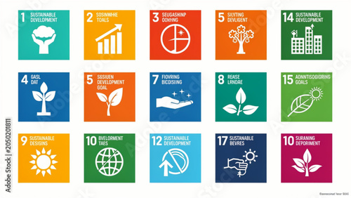 Colorful collection of icons representing sustainable development goals including environment education and equality