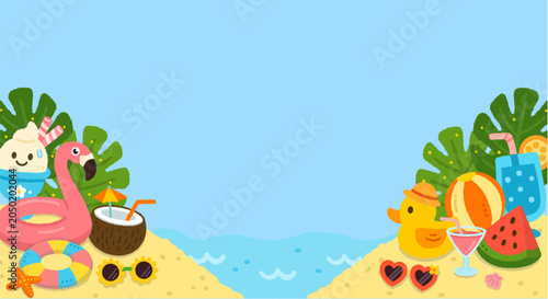 Beach scene with tropical drinks and inflatables on sandy shore