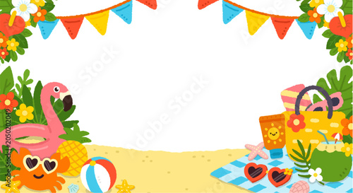 Beach scene with flamingo float crab and tropical items on sandy shore