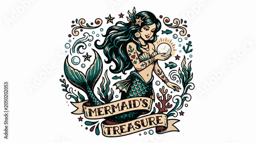 Mermaids treasure traditional tattoo style illustration with glowing pearl