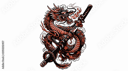 Japanese dragon coiled around a katana sword