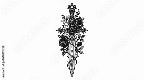 Black and white illustration of a dagger intertwined with roses and thorns