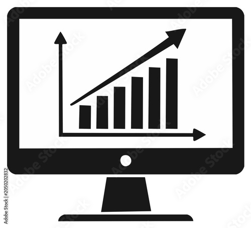 Computer screen displaying a rising bar graph with an upward trending arrow indicating business growth success