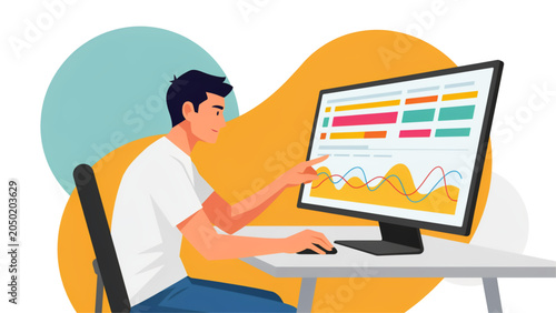 Cuadro en lienzo Person working on laptop with analytics and charts on screen in modern office se