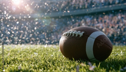 A football rests on grass at a stadium with sunbeams and falling confetti