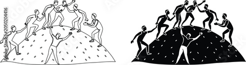 Fotografie Team of workers helping each other climb mountain peak outline and black silhouette design