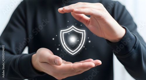Hands protecting glowing shield icon representing digital security and insurance concept.