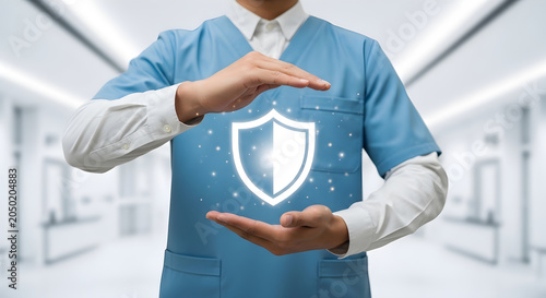 Healthcare worker holding glowing protective shield icon for medical safety and insurance.